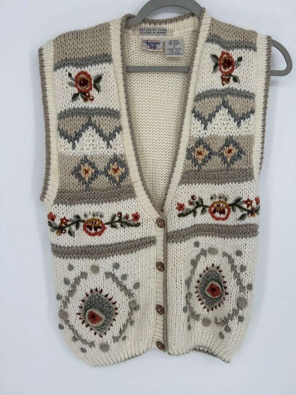 Vintage Huntington Ridge Hand Knit Floral Sweater Vest Boho Cottagecore Medium